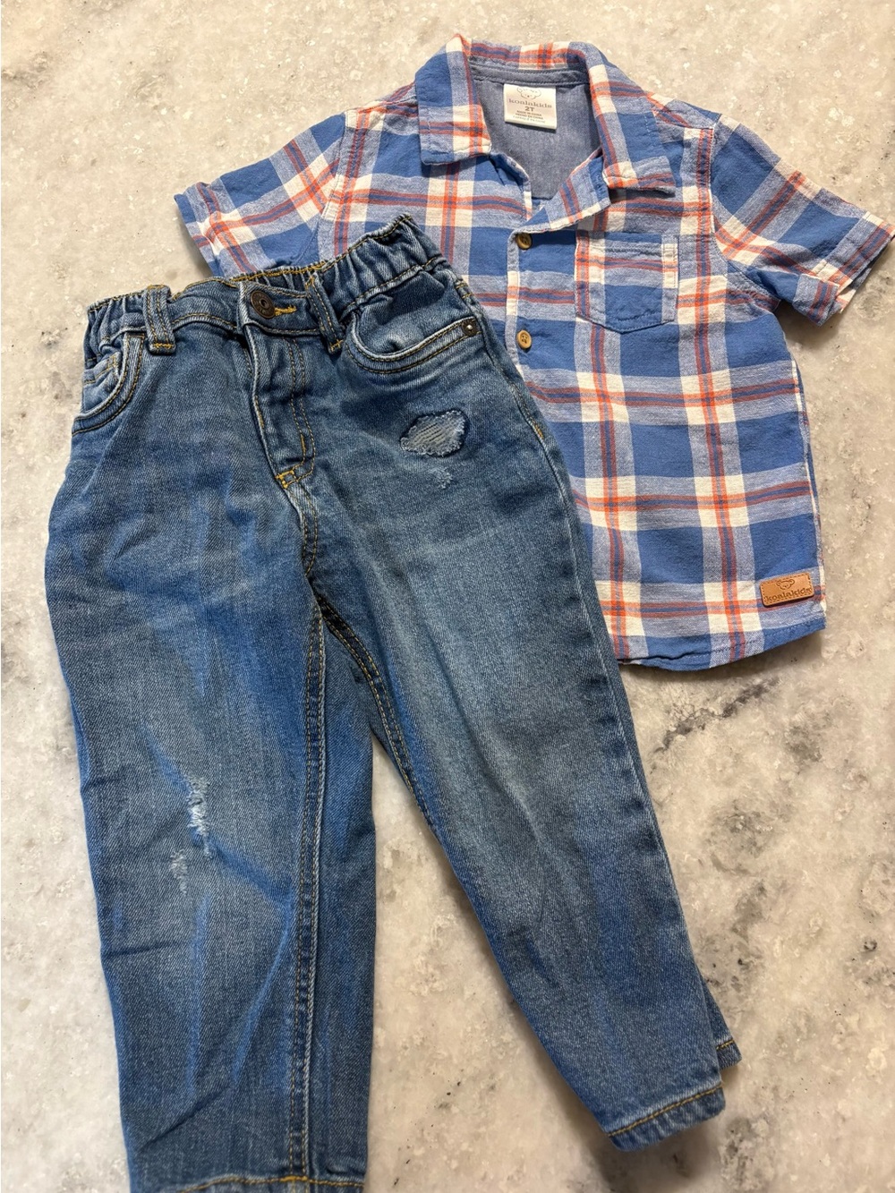 Blue Plaid Short Sleeve Shirt & Denim Jeans Set